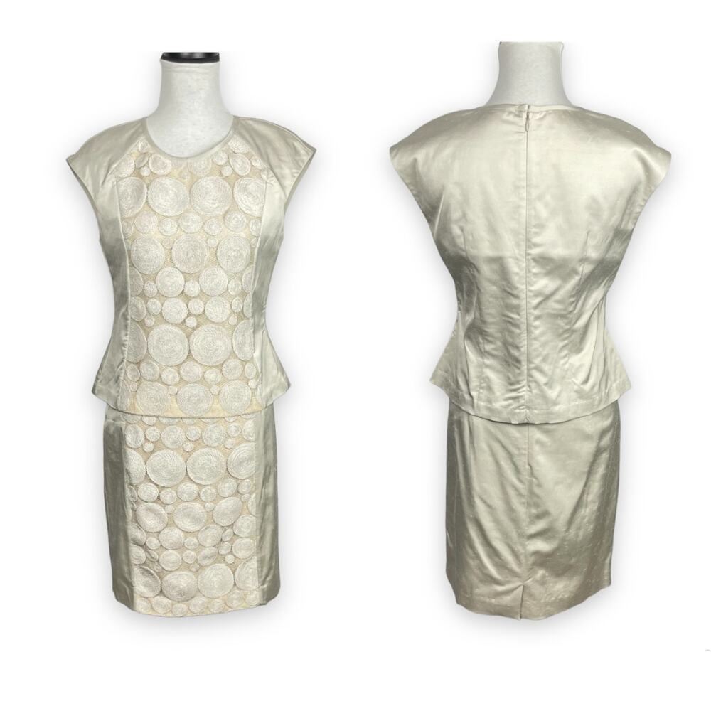 Worth New York | Neutral Beige Cream Circle Lace 2 Piece Skirt Blouse Set